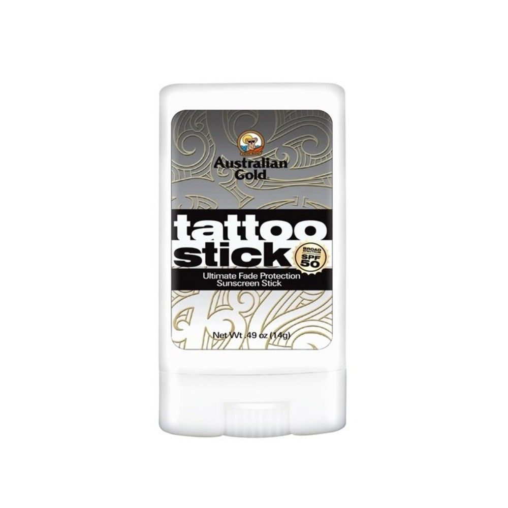 Australian Gold Tattoo Stick SPF 50+ in a white dispenser stick with black and gold design elements.