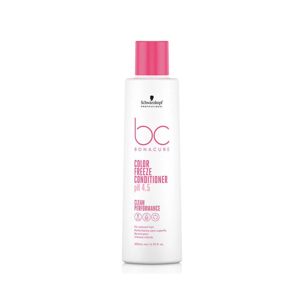 A bottle of BC Color Freeze Conditioner 200ml with a pink cap and label, designed for porous, colour-treated hair.