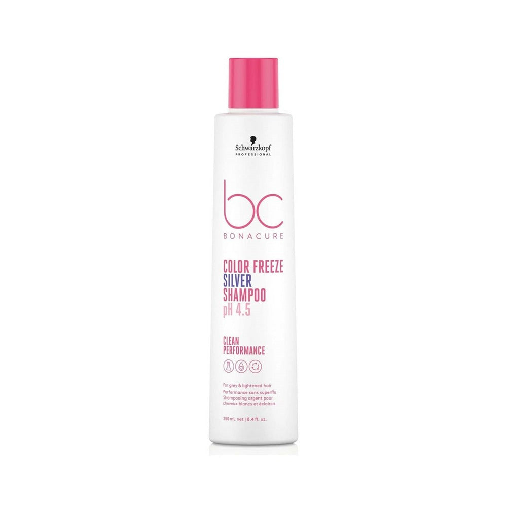 A 250ml white bottle of shampoo with pink and purple text on a white background. 