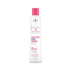 A 250ml white bottle of shampoo with pink and purple text on a white background. 