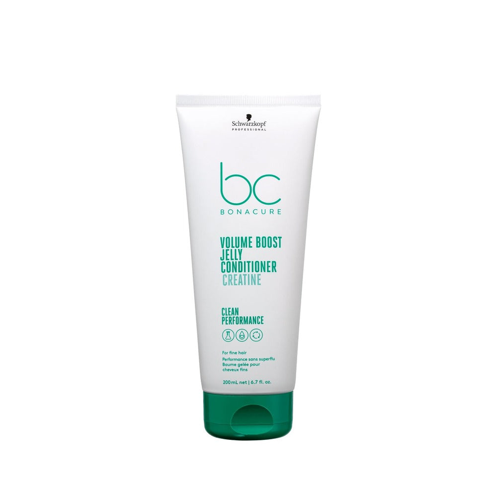 A tube of BC Volume Boost Jelly Conditioner by Bonacure, which is a hair care product designed for fine and weak hair, enhancing its body and reducing static for better manageability and combability.
