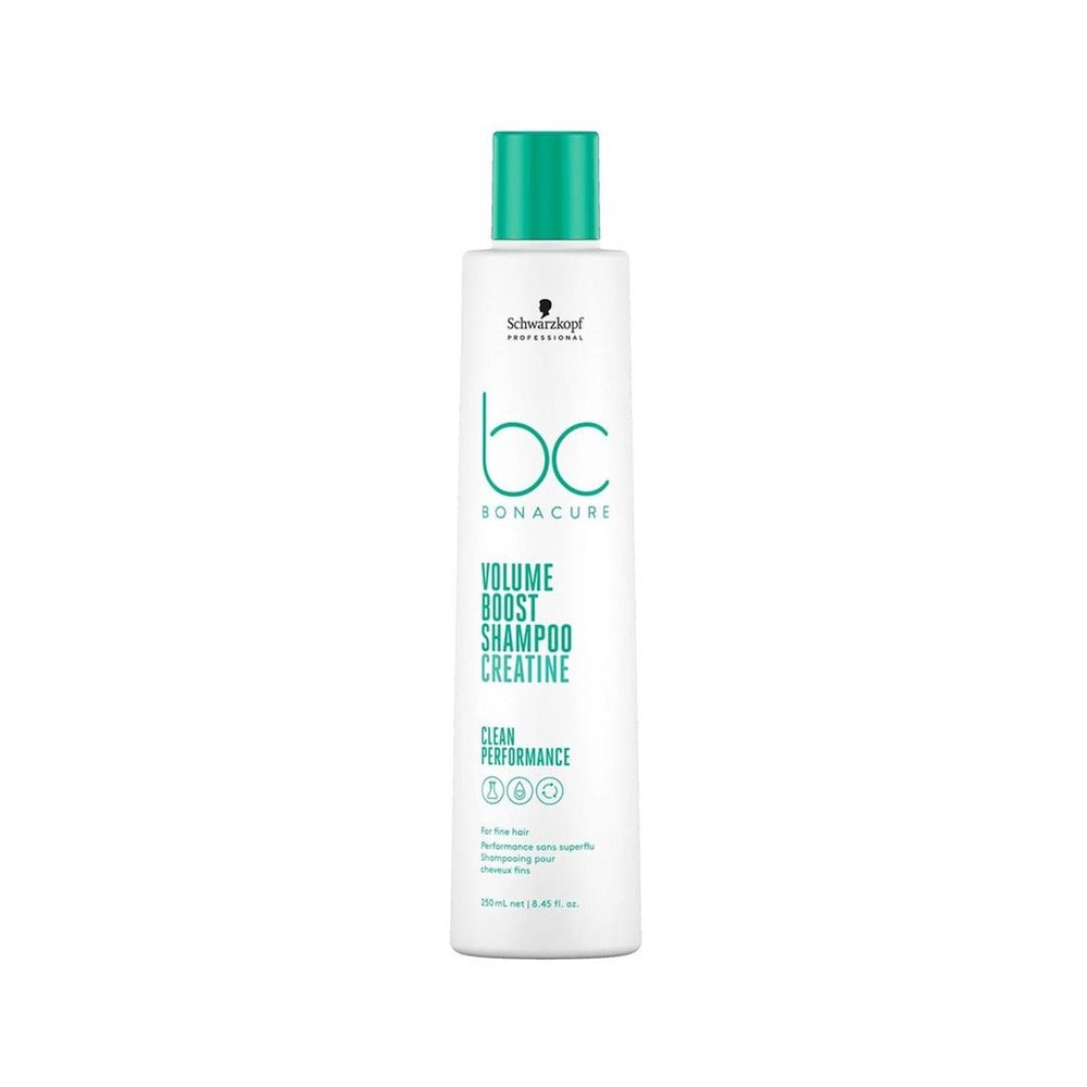 A white 250ml bottle of Volume Boost shampoo with green text on a white background. 