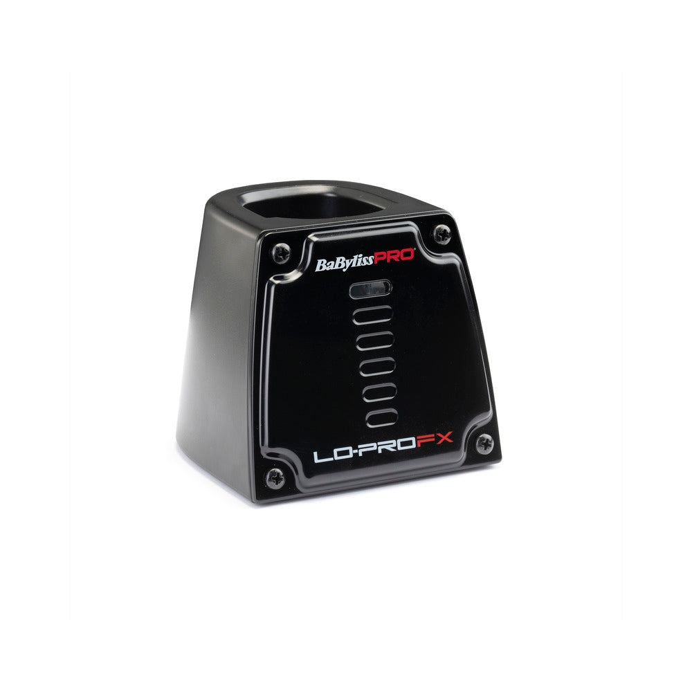 A black charging base designed for the BaByliss PRO Lo-Pro FX Skeleton Trimmer with the brand's logos visible on the front.