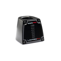A black charging base designed for the BaByliss PRO Lo-Pro FX Skeleton Trimmer with the brand's logos visible on the front.