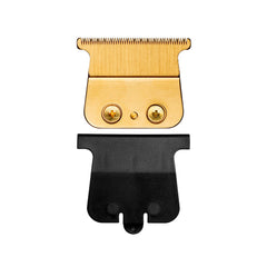 Gold replacement trimmer blade and black blade cover on a white background.  