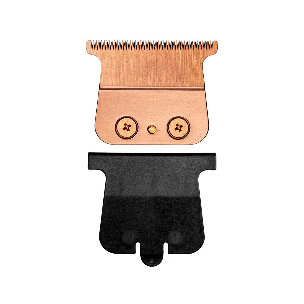Rose gold replacement blade with black safety guard. 