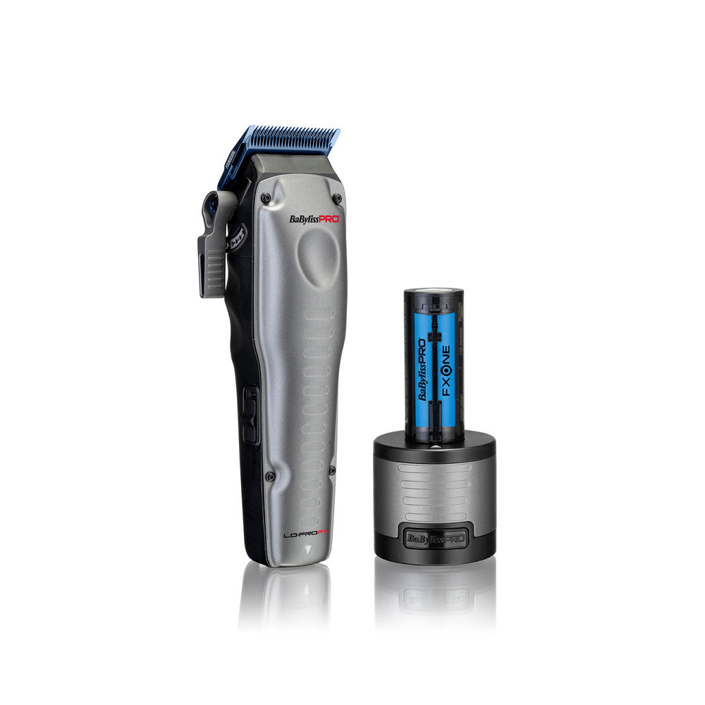 BaByliss PRO FXONE Lo Pro hair clipper with a black and silver color scheme, a detachable battery, and a charging base.