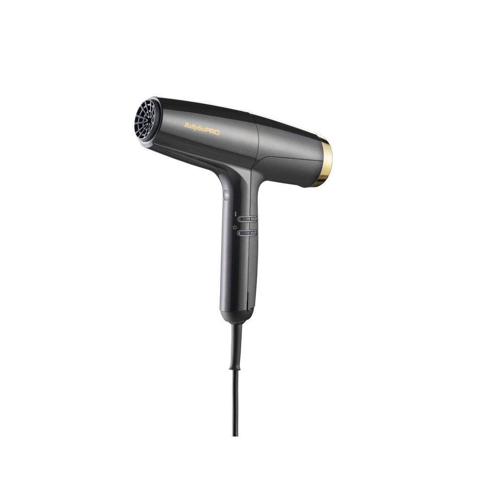 BaByliss PRO Falco high-speed hair dryer in grey and gold colors, with a rotating swivel cord.