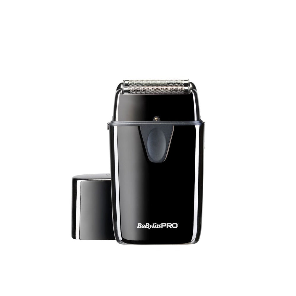 A black BaByliss PRO UV double foil shaver with a metallic finish and a blue light indicator. The product is corded and has a sleek, modern design.