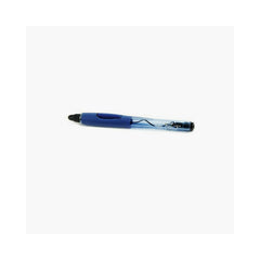 A studio shot of a blue and clear plastic needle holder, styled to resemble a standard ballpoint pen with a blue grip cap, centered against a solid white background.