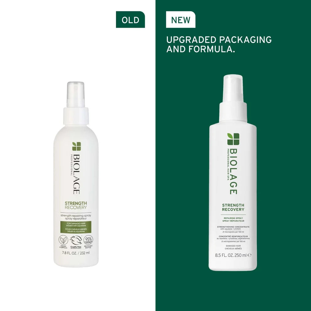 New and old packaging of Strength Recovery Spray side by side. 