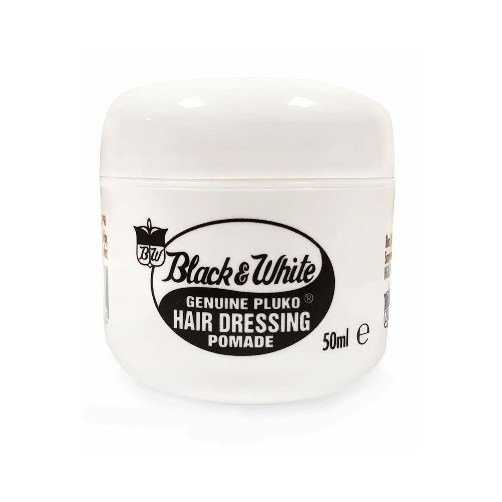 A white container of Black & White Genuine Pluto Hair Dressing Wax, with a capacity of 50ml indicated.