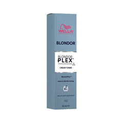 A vertical, front-facing shot of a metallic silver and light blue rectangular cardboard box for Wella Professionals BlondorPlex Permanent Cream Toner. The box features the red Wella Professionals logo at the top, followed by the text 'BLONDOR' and 'BLONDORPLEX' with a small strand diagram, 'CREAM TONER', and details noting its 5-minute express blonde toning capabilities and a 60ml volume capacity.