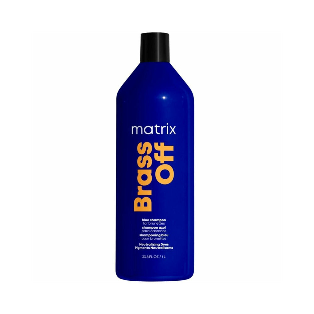 Blue bottle with black lid. Brass Off shampoo 1000ml for neutralizing brunettes.