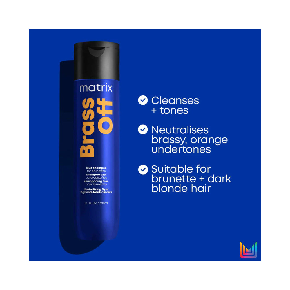 Brass Off Shampoo 300ml poster explaining the tree benefits of the product. 