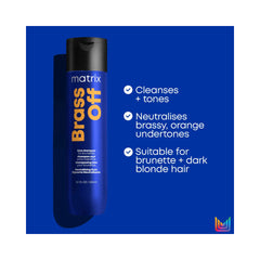 Brass Off Shampoo 300ml poster explaining the tree benefits of the product. 