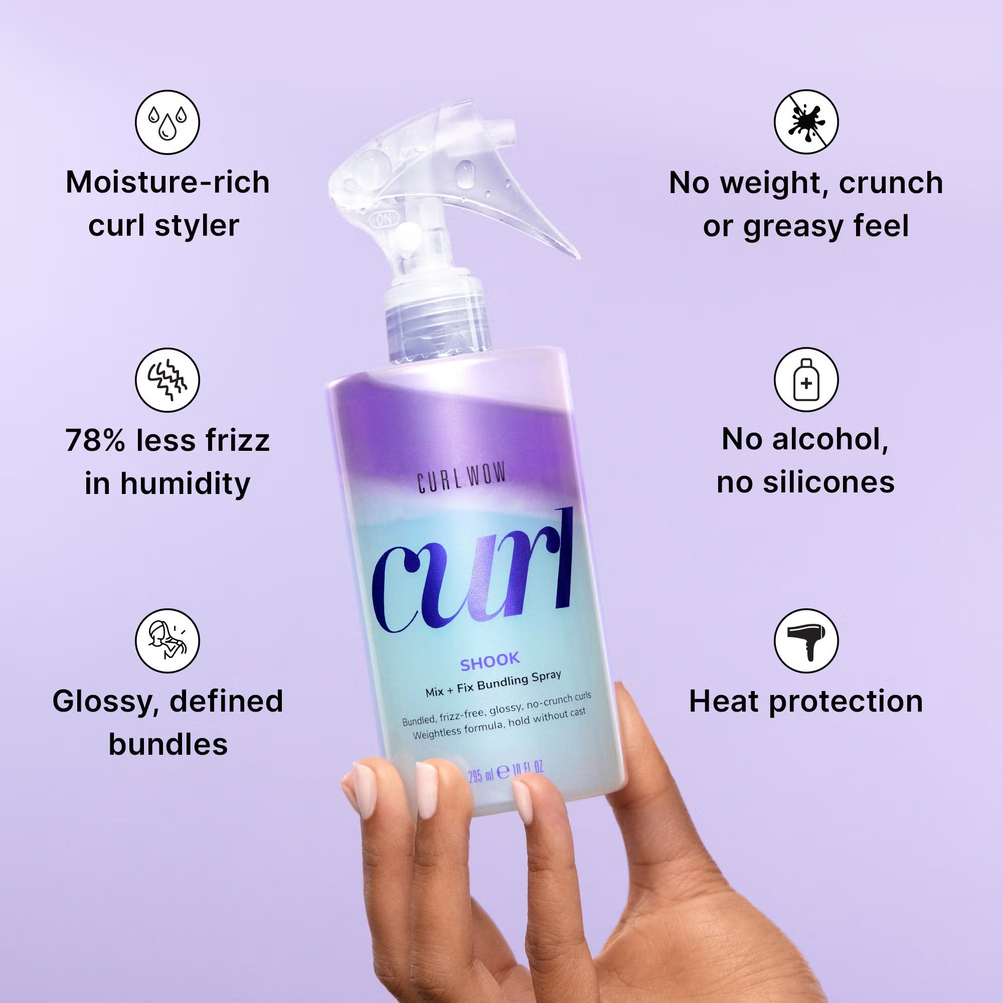 Hand holding a bottle of 'Curl Wow' hair product with features listed on a purple background