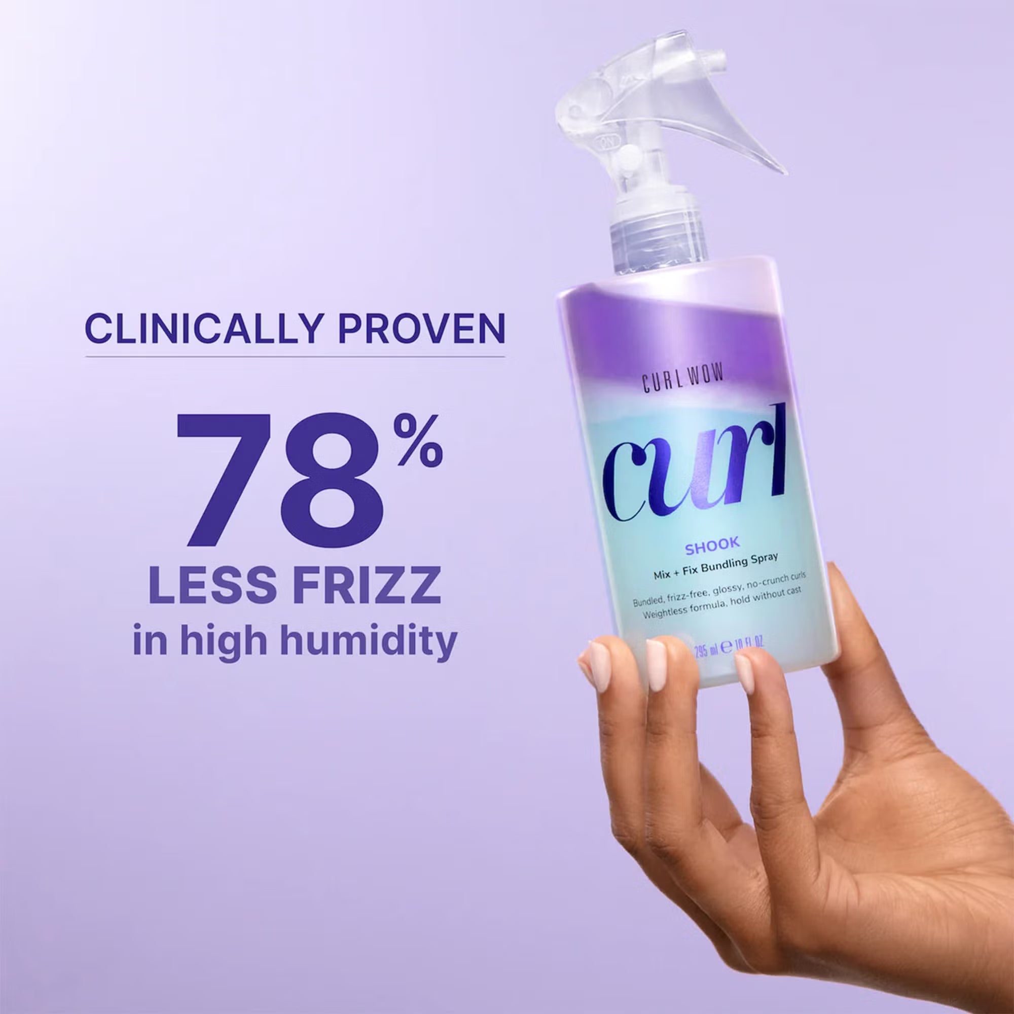 Hand holding a bottle of 'curl' product with text about frizz reduction on a purple background
