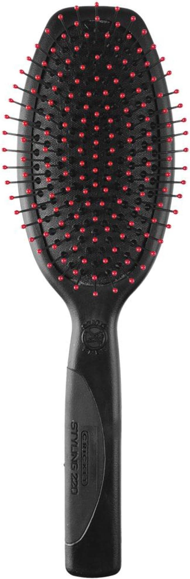 A black paddle hairbrush with red-tipped bristles and a textured handle, shown against a plain white background.