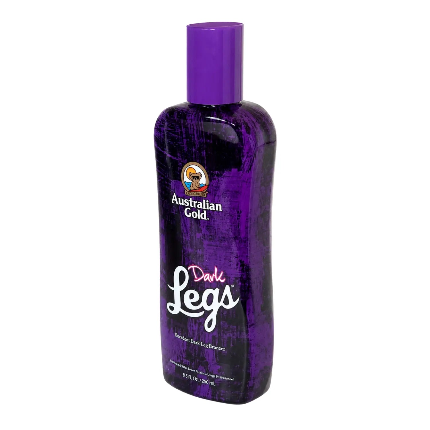 A bottle of Australian Gold Dark Legs Shapewear Body Butter in the Plum Cherry Ice Berry scent, featuring a textured dark purple bottle and cap against a plain white background.