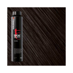 Goldwell Topchic can 2N hair colour swatch strand behind a Topchic can. 