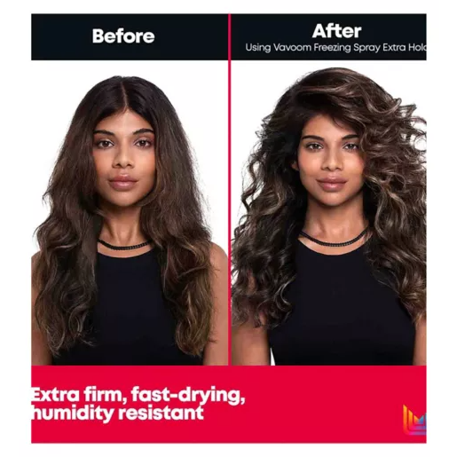 Before and after comparison of a woman's long, wavy brown hair, showing the product's effect on hair hold and texture. The left side is labeled 'Before' and shows loose waves; the right side is labeled 'After' and shows more defined, voluminous curls.