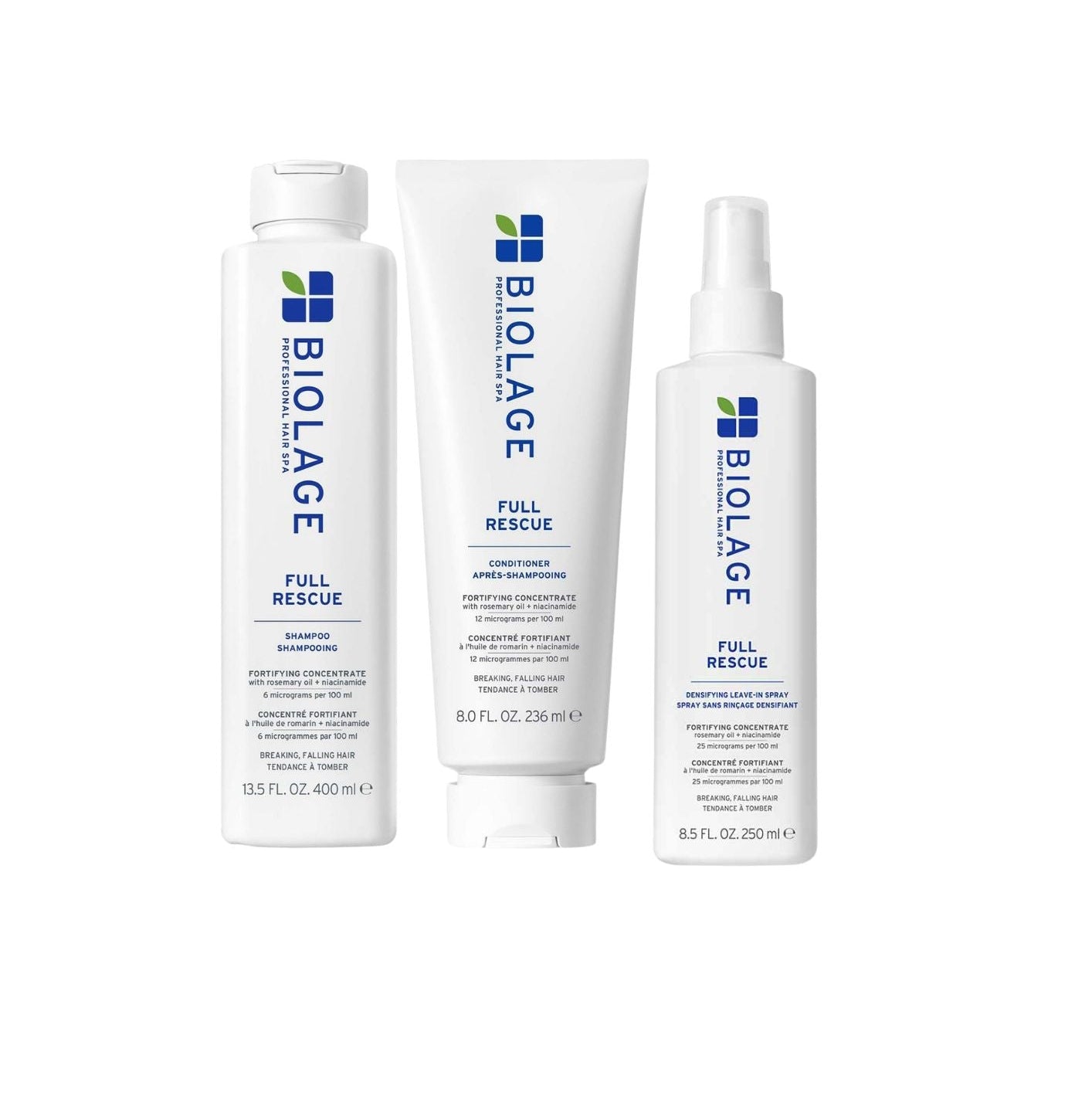 Three white Biolage Full Rescue haircare products on a plain white background: a bottle, a tube, and a spray bottle, each with blue and green branding and text.