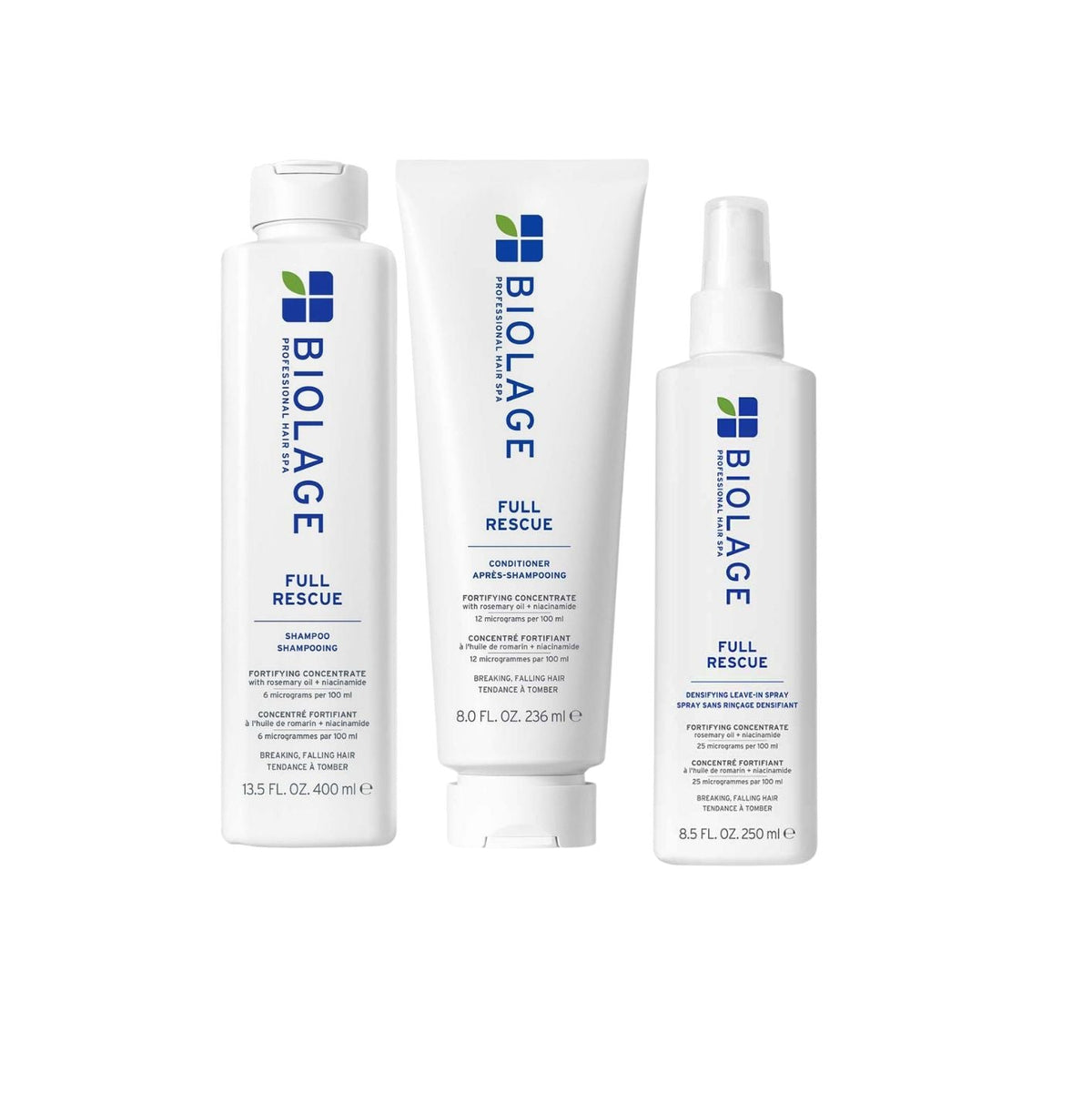 Three white Biolage Full Rescue haircare products on a plain white background: a bottle, a tube, and a spray bottle, each with blue and green branding and text.