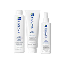 Three white Biolage Full Rescue haircare products on a plain white background: a bottle, a tube, and a spray bottle, each with blue and green branding and text.