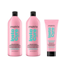 Three Matrix Insta Cure hair care products in pink packaging, including two bottles and one tube, displayed against a solid white background.