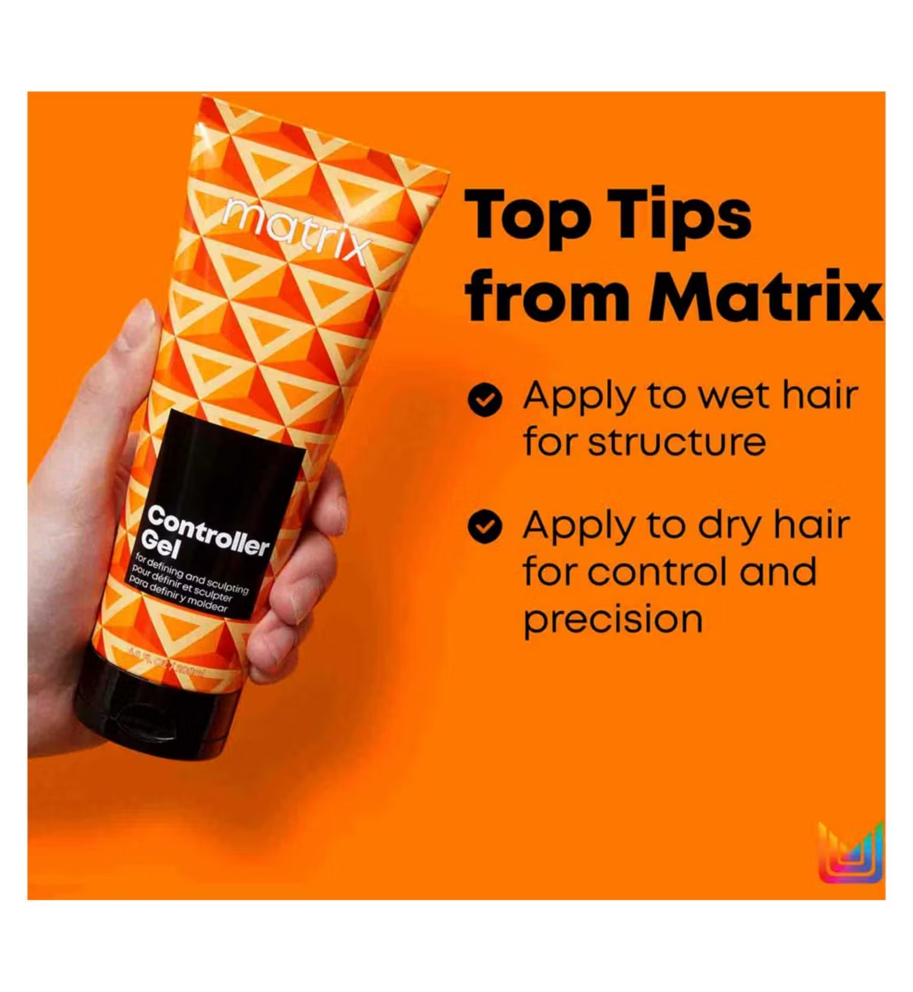 A hand holds a tube of Matrix Controller Gel against a bright orange background with text reading 'Top Tips from Matrix' and application instructions.