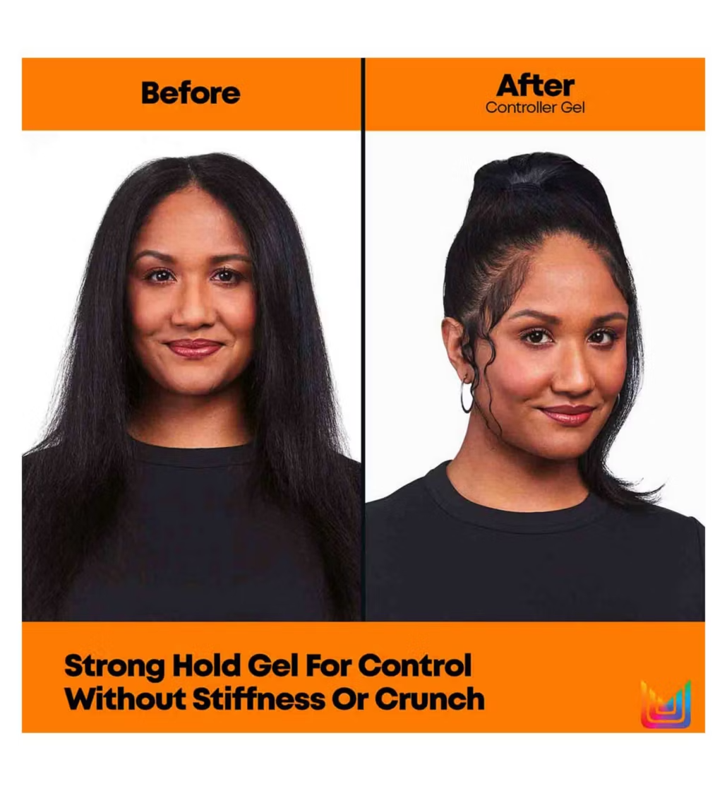 Before and after comparison of a woman's hair, showing loose dark hair on the left and a styled, controlled high ponytail on the right, with orange banners reading 'Before' and 'After Controller Gel' and text at the bottom stating 'Strong Hold Gel For Control Without Stiffness Or Crunch'.