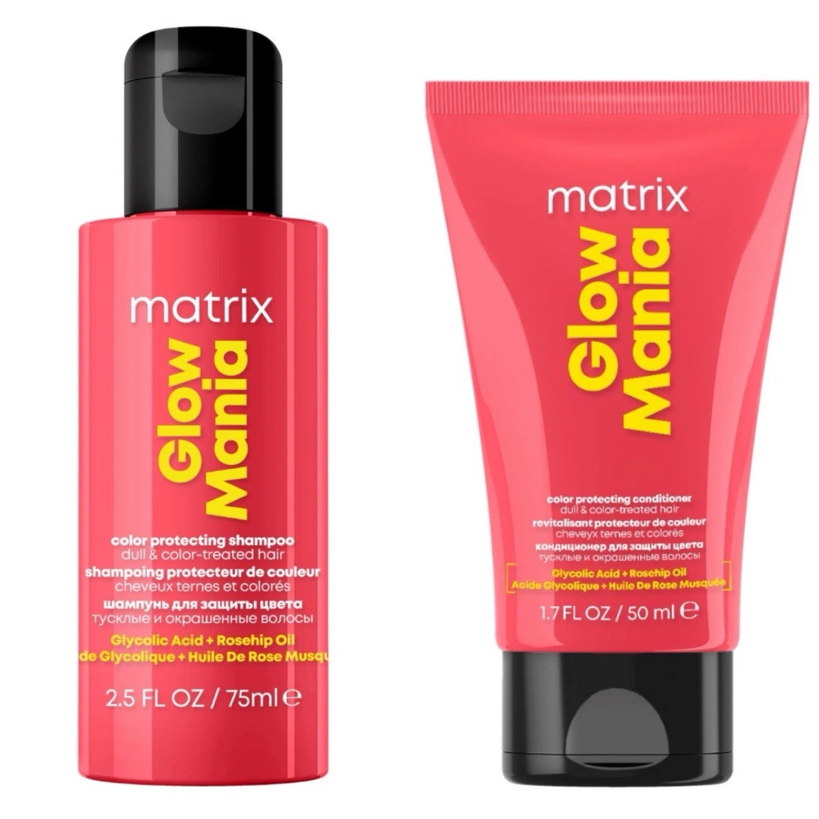 Matrix Glow Mania hair care set featuring a red color protecting shampoo bottle and a matching red color protecting conditioner tube with black caps, on a white background.