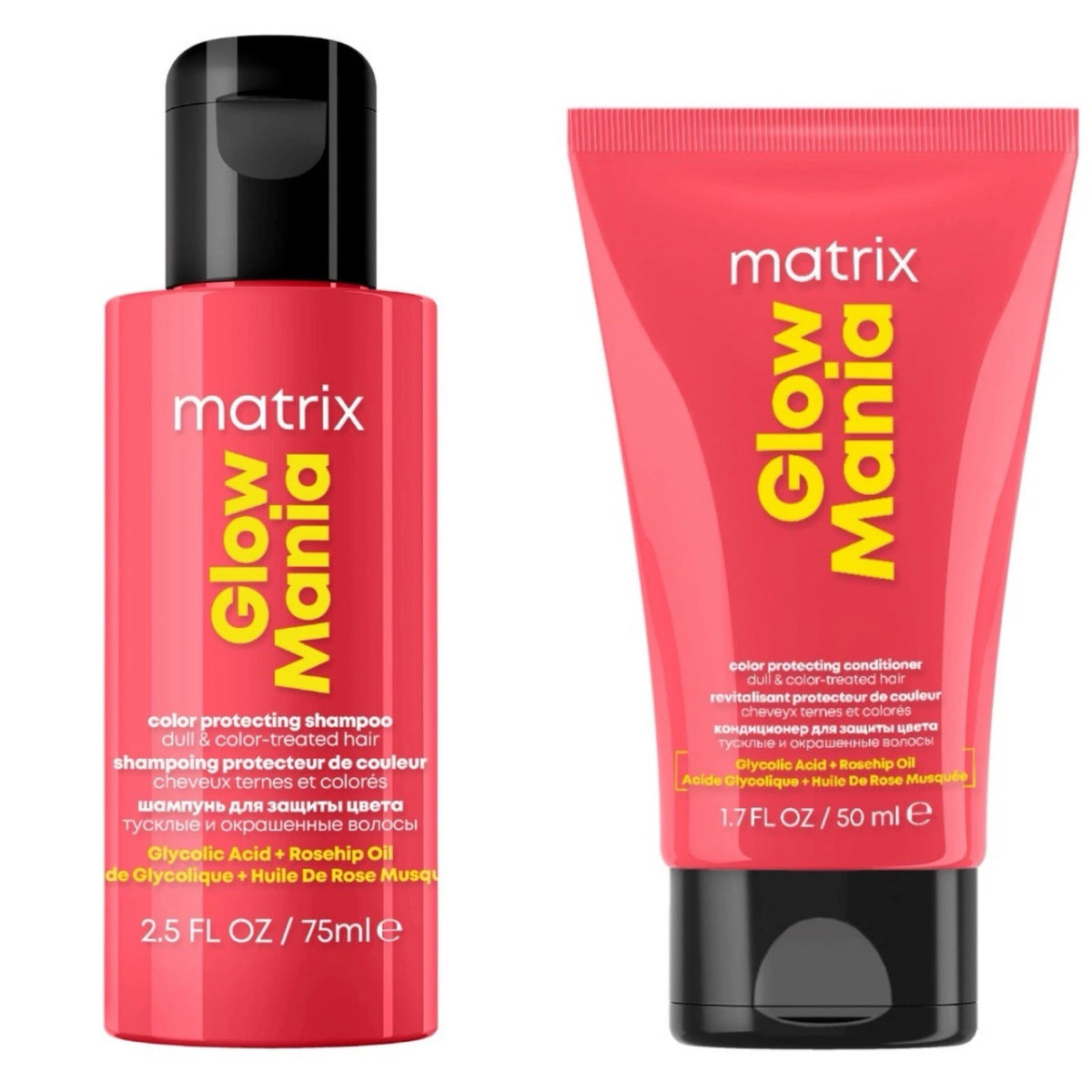 Matrix Glow Mania hair care set featuring a red color protecting shampoo bottle and a matching red color protecting conditioner tube with black caps, on a white background.