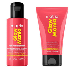 Matrix Glow Mania hair care set featuring a red color protecting shampoo bottle and a matching red color protecting conditioner tube with black caps, on a white background.