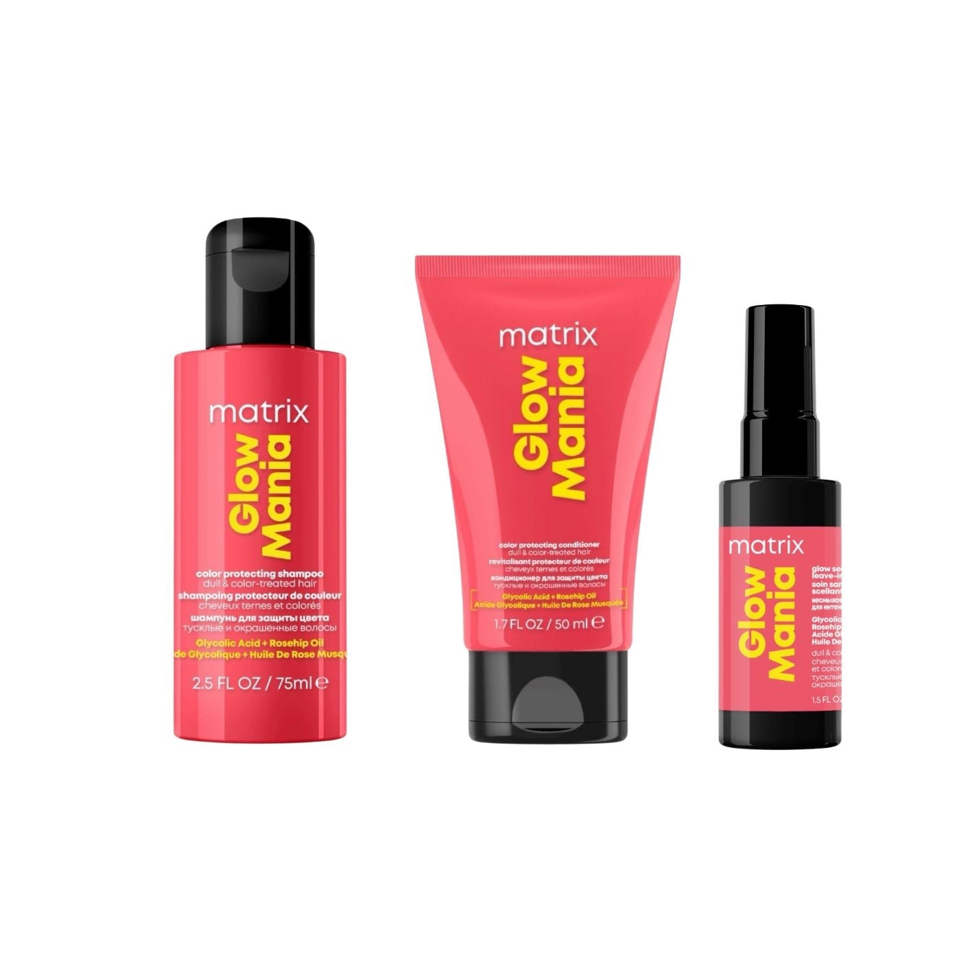 Three Matrix Glow Manta haircare products on a plain white background: a red bottle with black cap, a red squeeze tube with black cap, and a red spray bottle with black nozzle. The labels read matrix and Glow Manta.