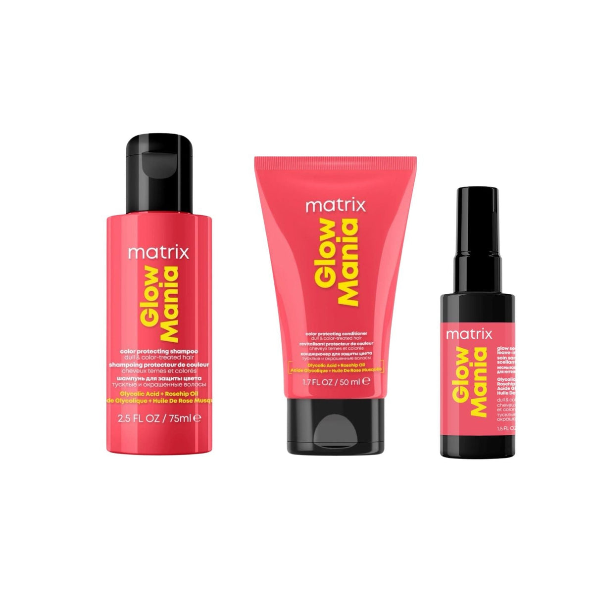 Three Matrix Glow Manta haircare products on a plain white background: a red bottle with black cap, a red squeeze tube with black cap, and a red spray bottle with black nozzle. The labels read matrix and Glow Manta.