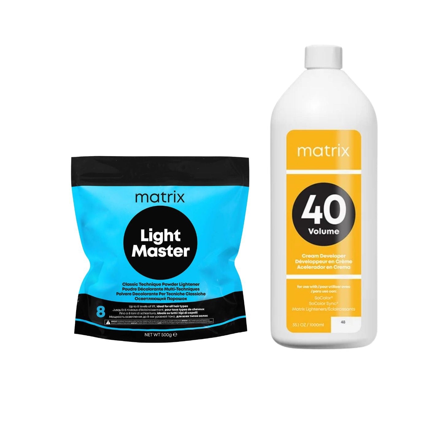A bag of Matrix Light Master 8% hydrogen peroxide treatment next to a bottle of Matrix 40 Volume hydrogen peroxide on a plain white background.