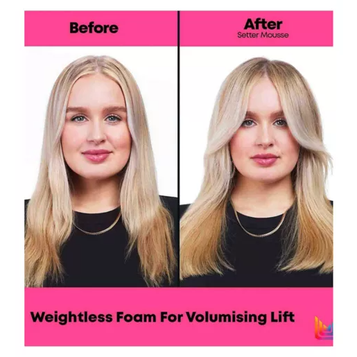 Before and after comparison of a woman's blonde hair showing volume and lift, with pink header and footer banners reading 'Before', 'After Setter Mousse', and 'Weightless Foam For Volumising Lift'.