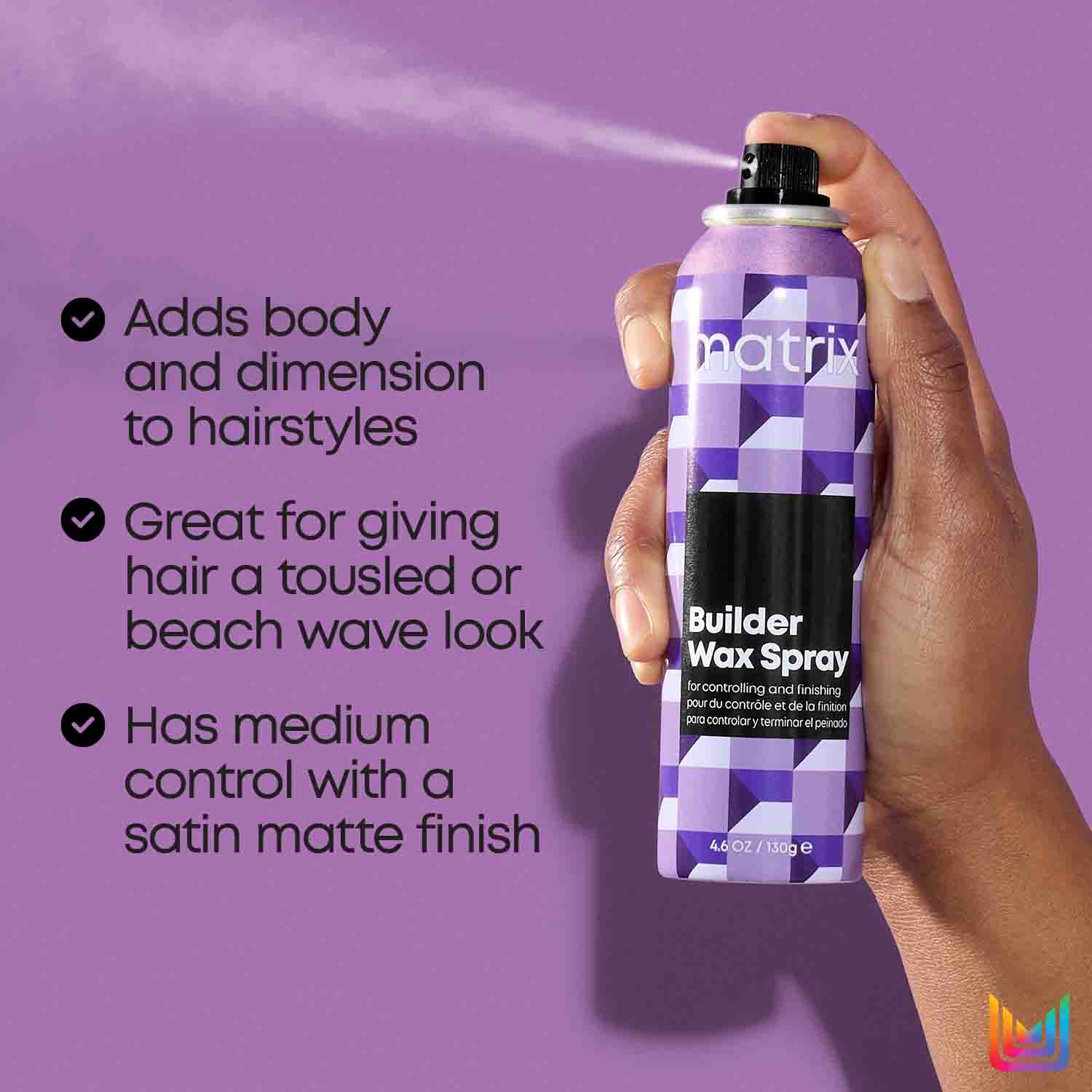 Hand holding a purple hair spray can with text on a purple background