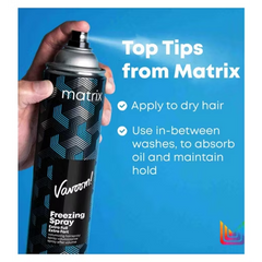 A hand holds a can of Matrix Vanish Freezing Spray against a bright blue background with text reading 'Top Tips from Matrix' and usage tips for applying to dry hair and absorbing oil between washes.