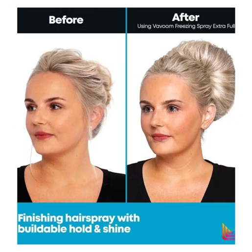 Before and after comparison of a woman's blonde hair styled in a voluminous updo, demonstrating the effect of Vavoom Freezing Spray Extra Full. The left 'Before' image shows the hair without the finish, while the right 'After' image shows the hair with defined texture, hold, and shine.