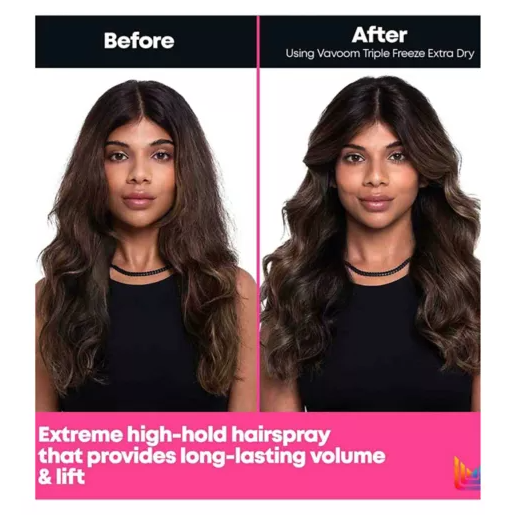Before-and-after comparison of a woman with long, wavy brown hair showing the effect of Vavoom Triple Freeze Extra Dry hairspray. The left side is labeled 'Before' and shows the hair in a straightened, less voluminous state.