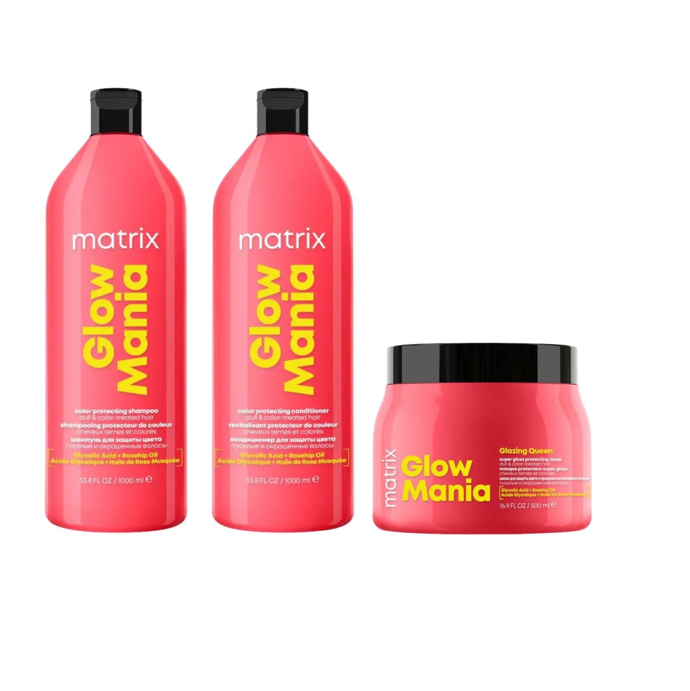 A three-piece Matrix Glow Mania hair care set featuring two tall pink shampoo bottles and one smaller matching jar, arranged side-by-side on a plain white background.