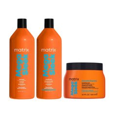 Three Matrix hair care products in bright orange packaging on a white background: two tall bottles labeled Hair Stick and one jar labeled Smoother Potion.