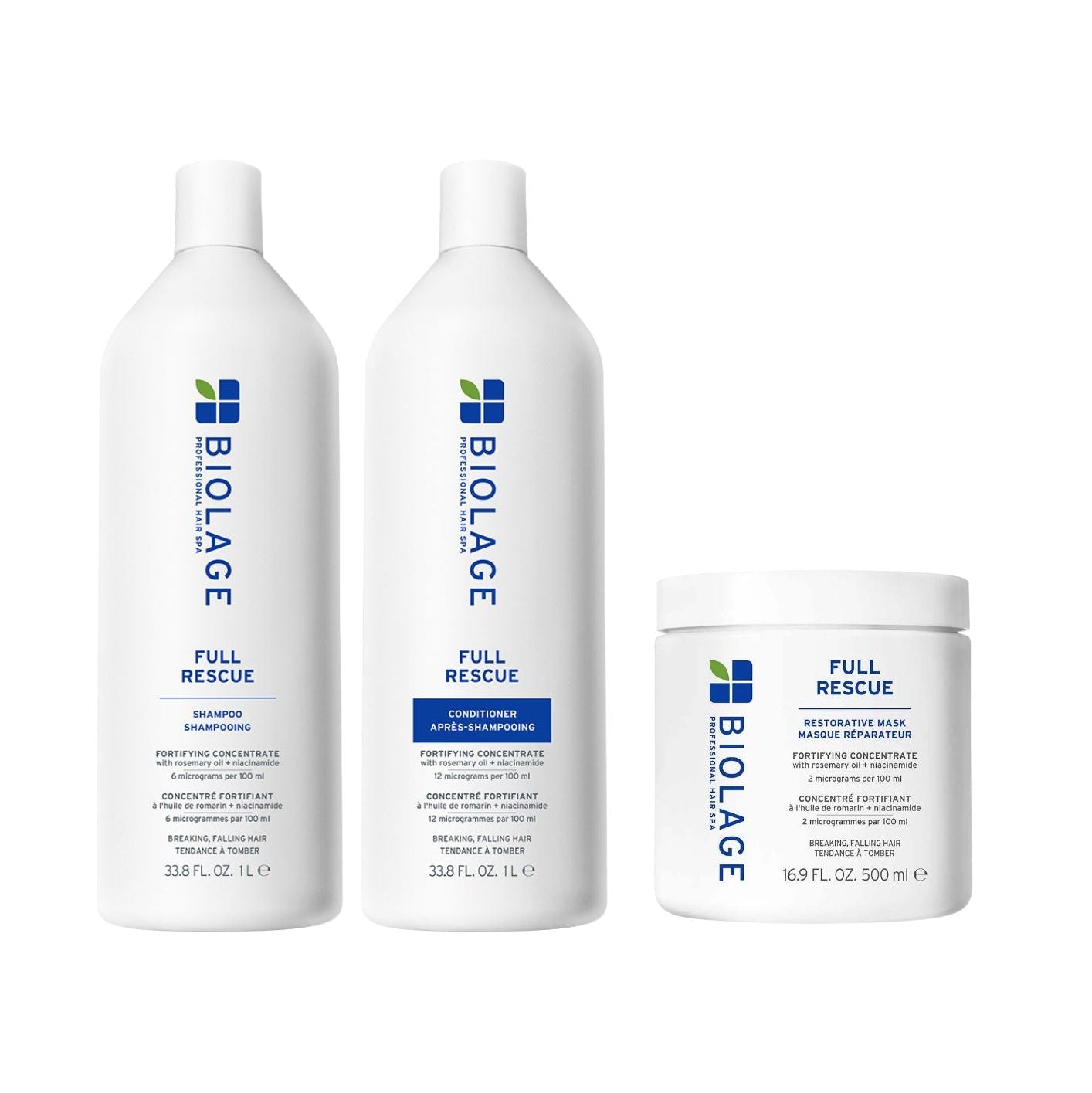 Three white Biolage Full Rescue hair care products on a plain white background: a shampoo bottle, a conditioner bottle, and a cream jar.