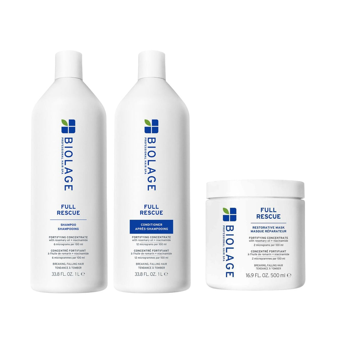 Three white Biolage Full Rescue hair care products on a plain white background: a shampoo bottle, a conditioner bottle, and a cream jar.