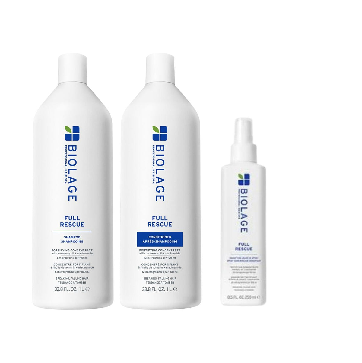 Three white Biolage Full Rescue hair care bottles on a plain white background: a large shampoo bottle, a large conditioner bottle, and a smaller spray bottle.