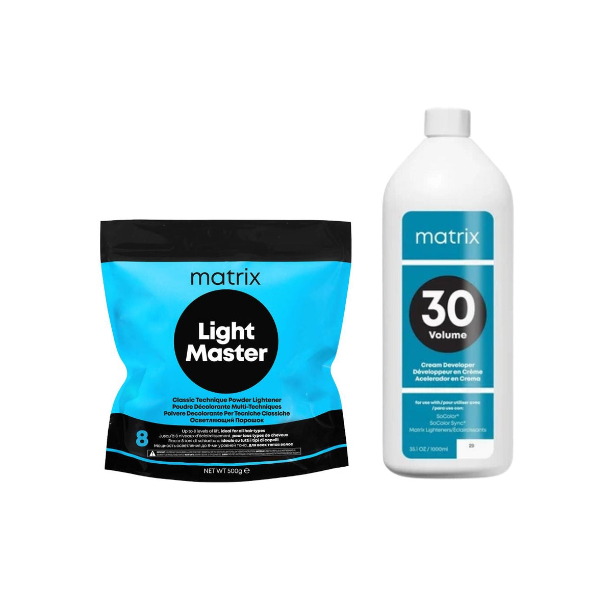 A bag of Matrix Light Master 8 and a bottle of Matrix 30 Volume developer solution on a plain white background.