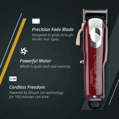 Red Wahl hair clipper with features listed on a dark background